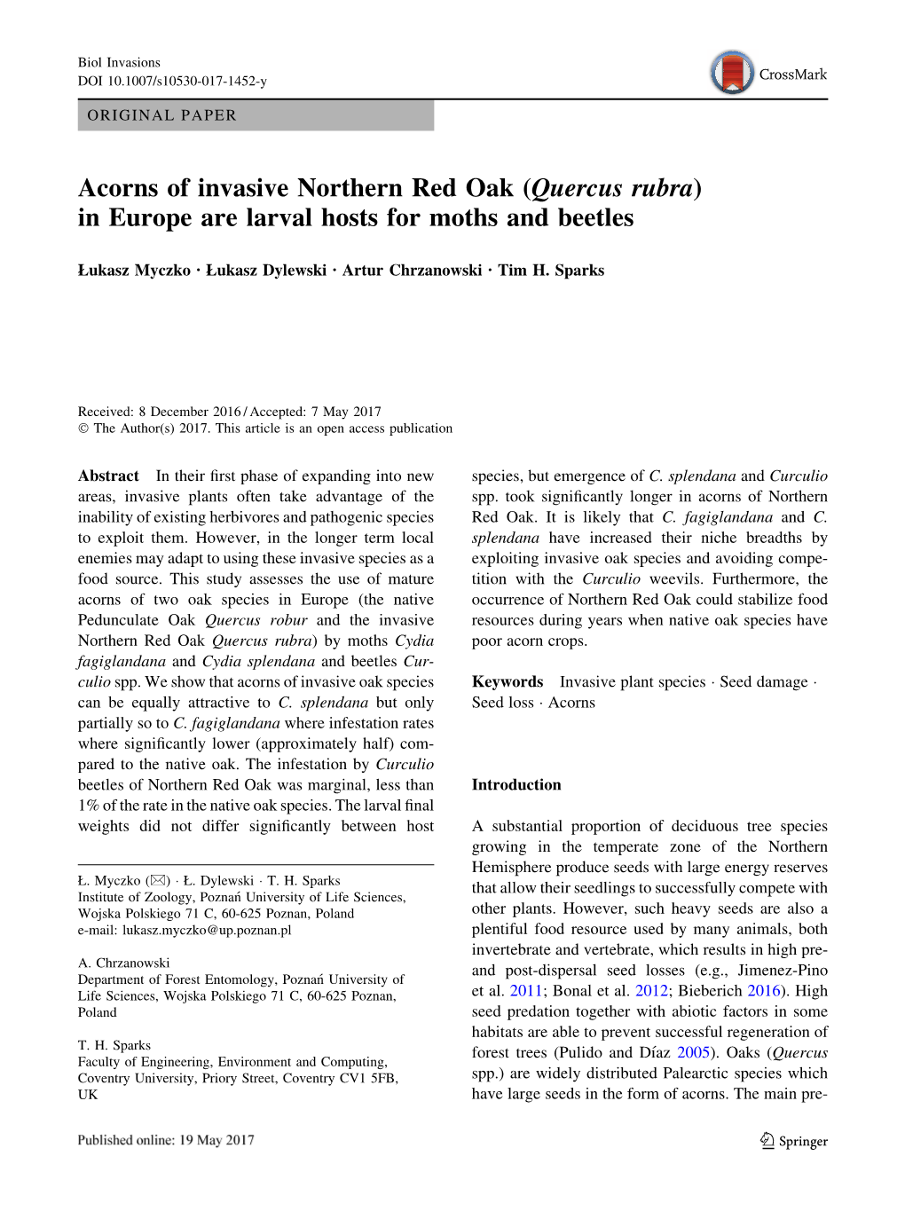 Acorns of Invasive Northern Red Oak (Quercus Rubra) in Europe Are Larval Hosts for Moths and Beetles