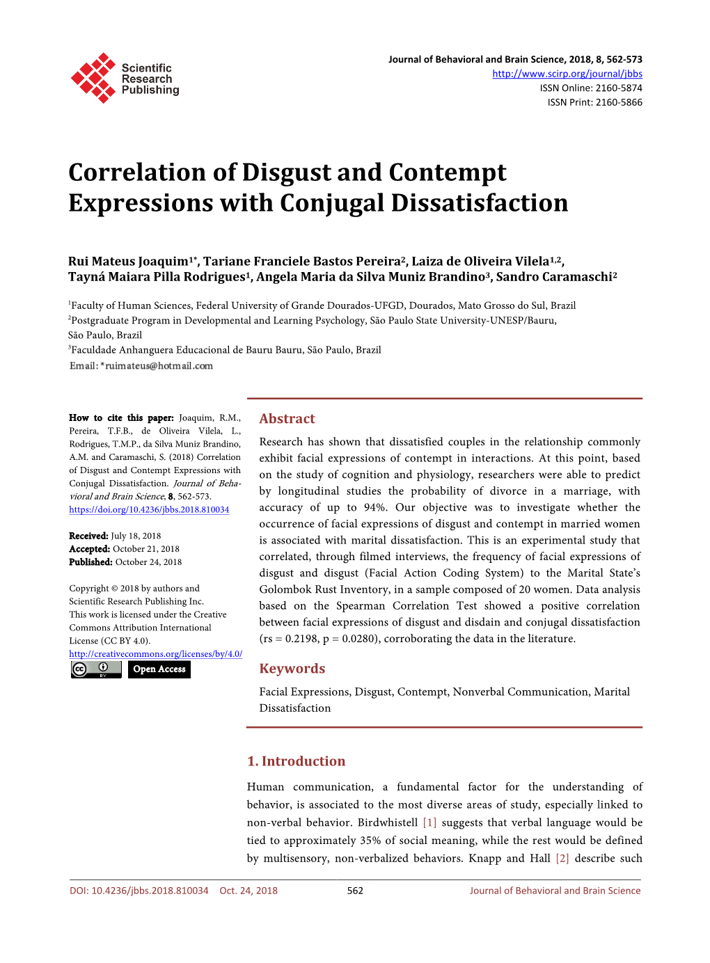 Correlation of Disgust and Contempt Expressions with Conjugal Dissatisfaction