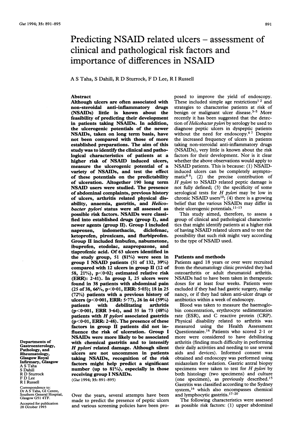 Predicting NSAID Related Ulcers - Assessment of Clinical and Pathological Risk Factors and Importance of Differences in NSAID