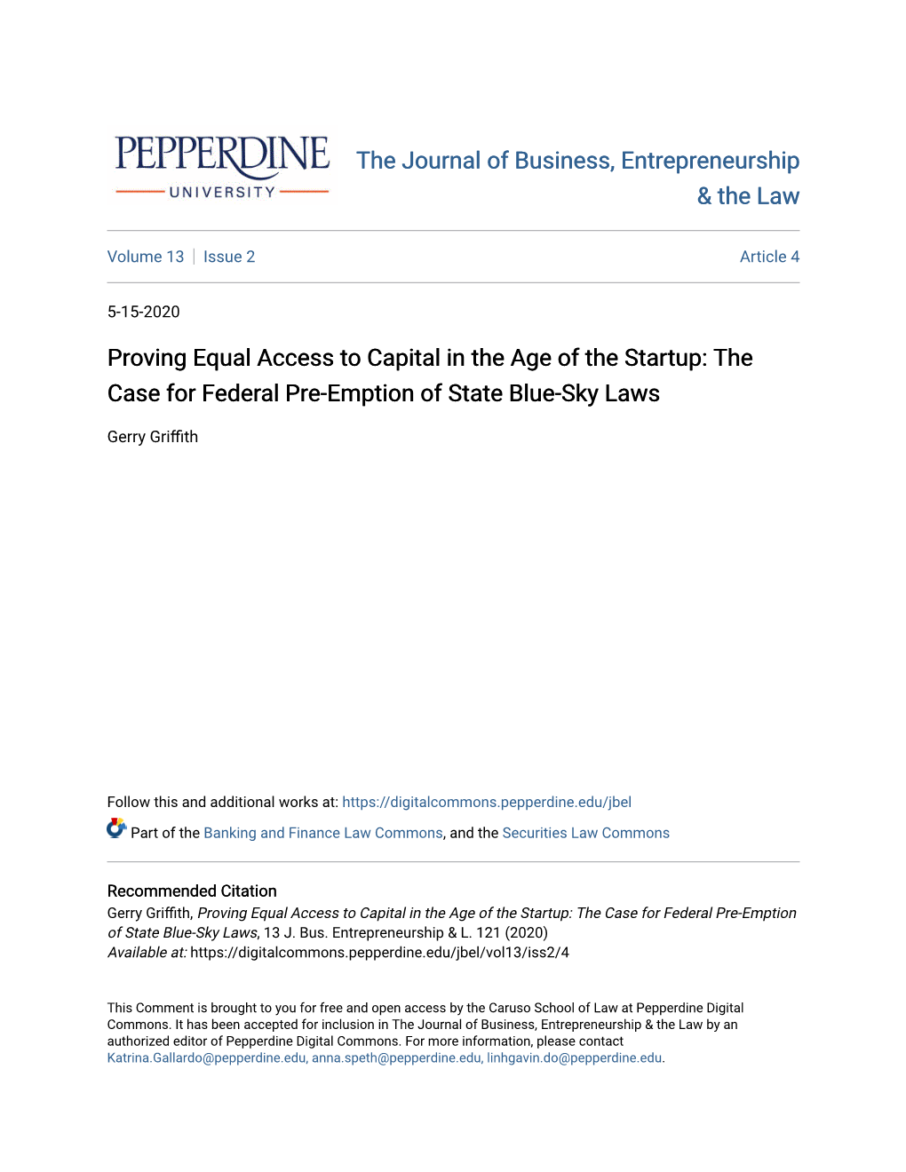 Proving Equal Access to Capital in the Age of the Startup: the Case for Federal Pre-Emption of State Blue-Sky Laws