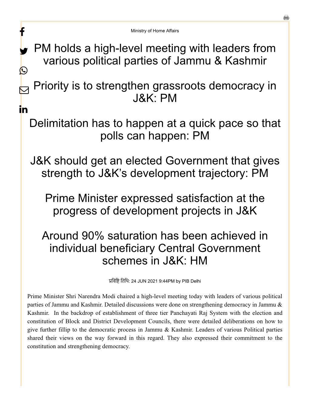 PM Holds a High-Level Meeting with Leaders from Various Political Parties of Jammu & Kashmir 