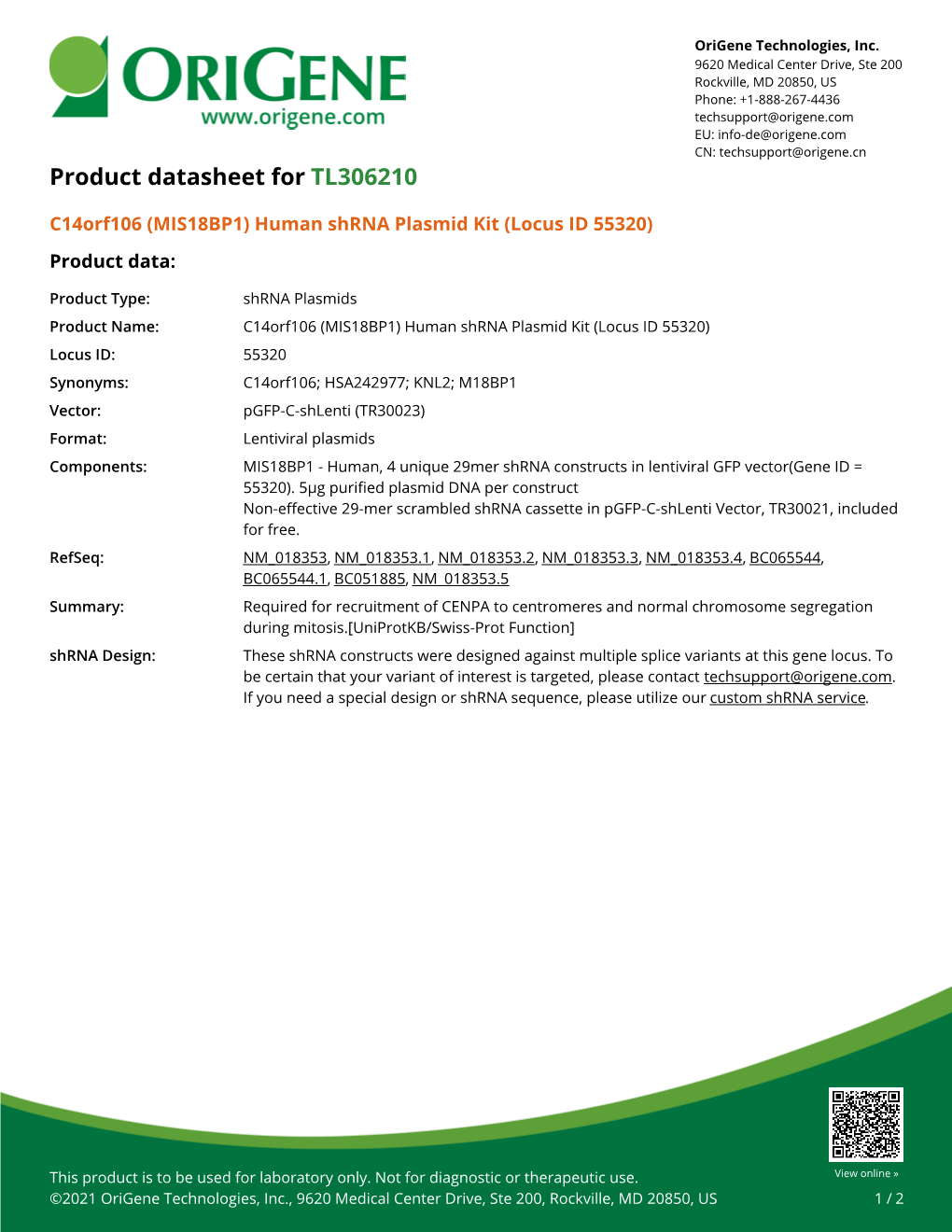 C14orf106 (MIS18BP1) Human Shrna Plasmid Kit (Locus ID 55320) Product Data