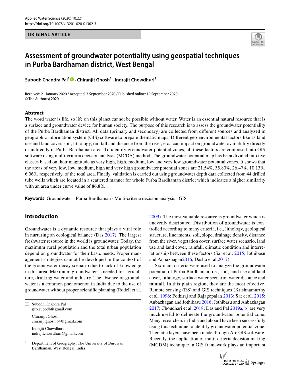 Assessment of Groundwater Potentiality Using Geospatial Techniques in Purba Bardhaman District, West Bengal