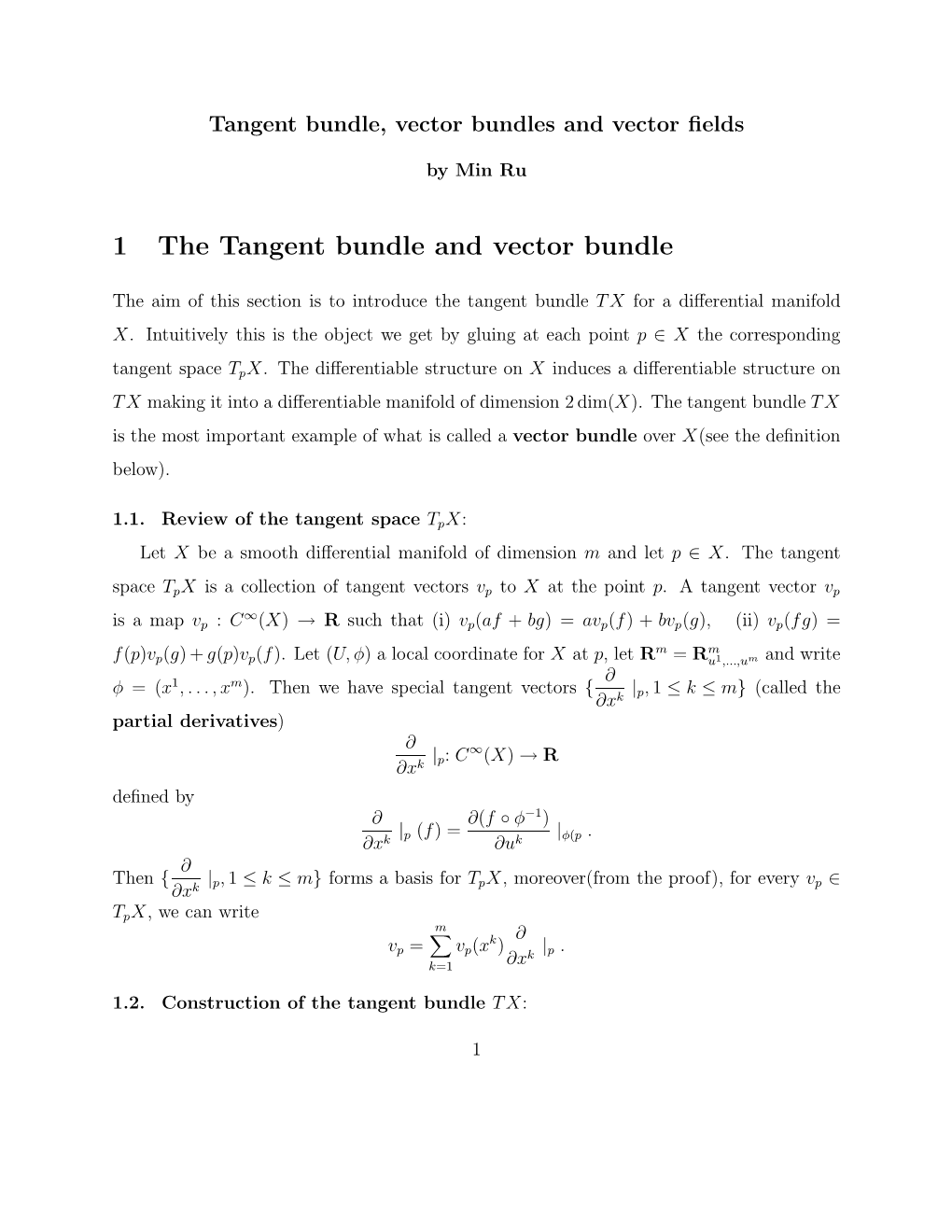 1 the Tangent Bundle and Vector Bundle