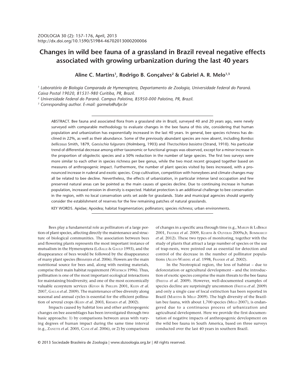 Changes in Wild Bee Fauna of a Grassland in Brazil Reveal Negative Effects Associated with Growing Urbanization During the Last 40 Years