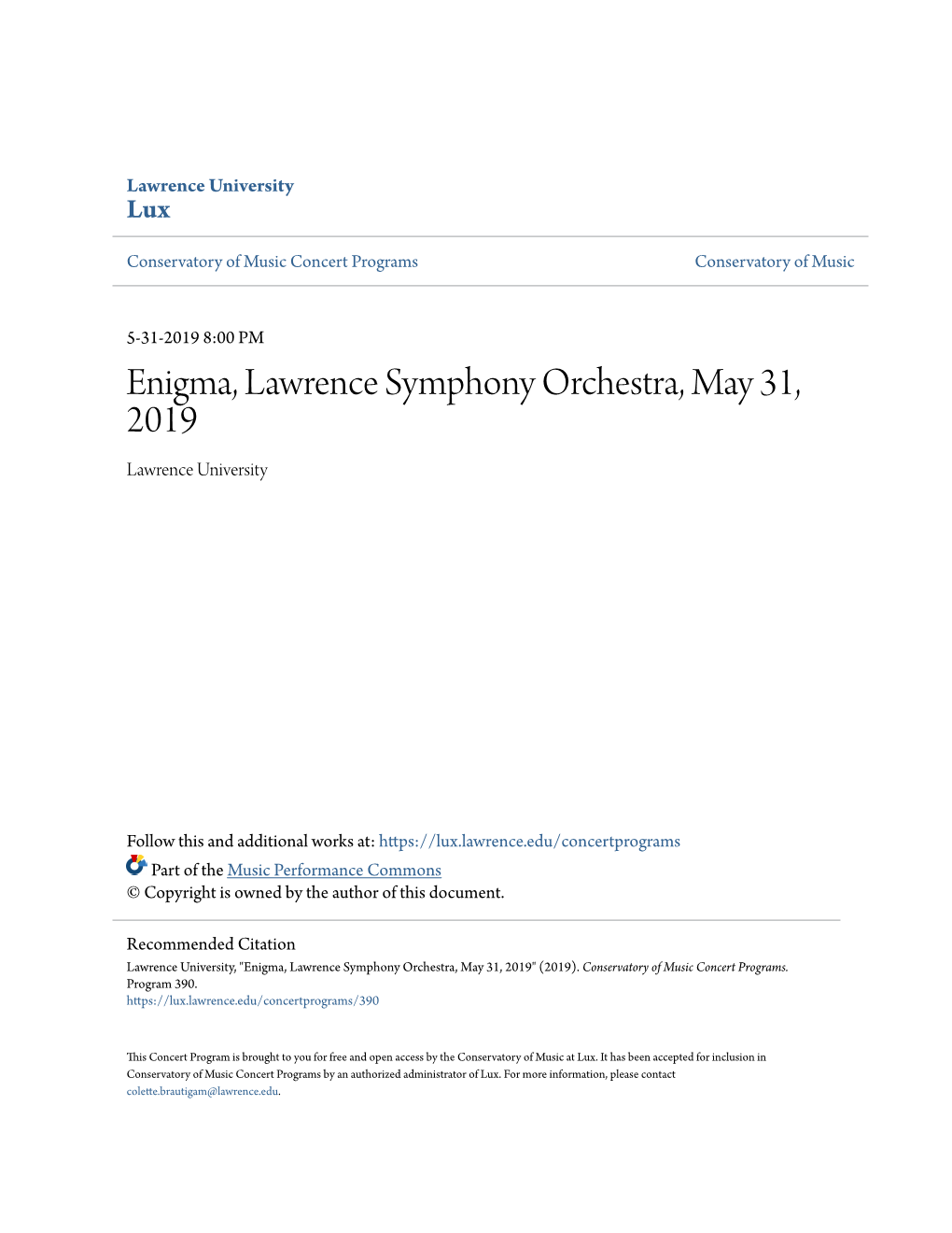 Enigma, Lawrence Symphony Orchestra, May 31, 2019 Lawrence University
