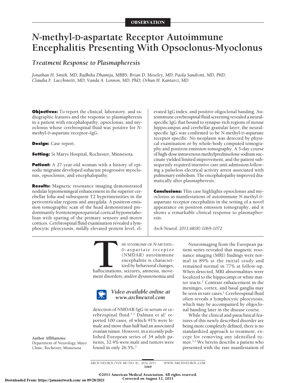 N-Methyl-D-Aspartate Receptor Autoimmune Encephalitis Presenting with Opsoclonus-Myoclonus Treatment Response to Plasmapheresis