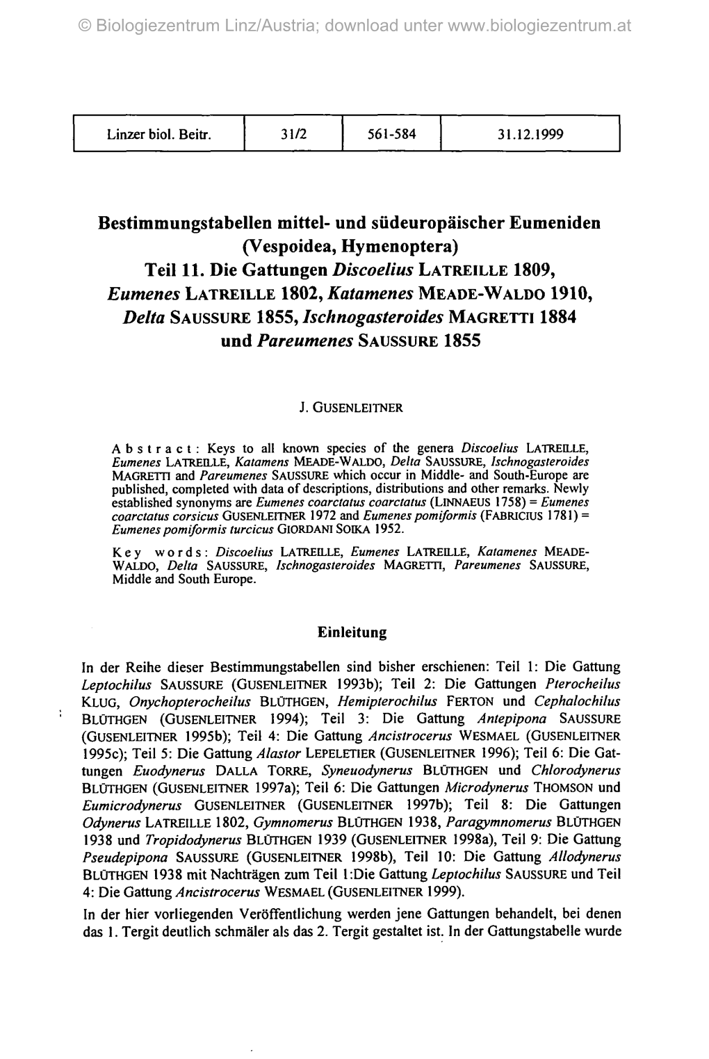 Bestimmungstabellen Mittel- Und Südeuropäischer Eumeniden (Vespoidea, Hymenoptera) Teil 11