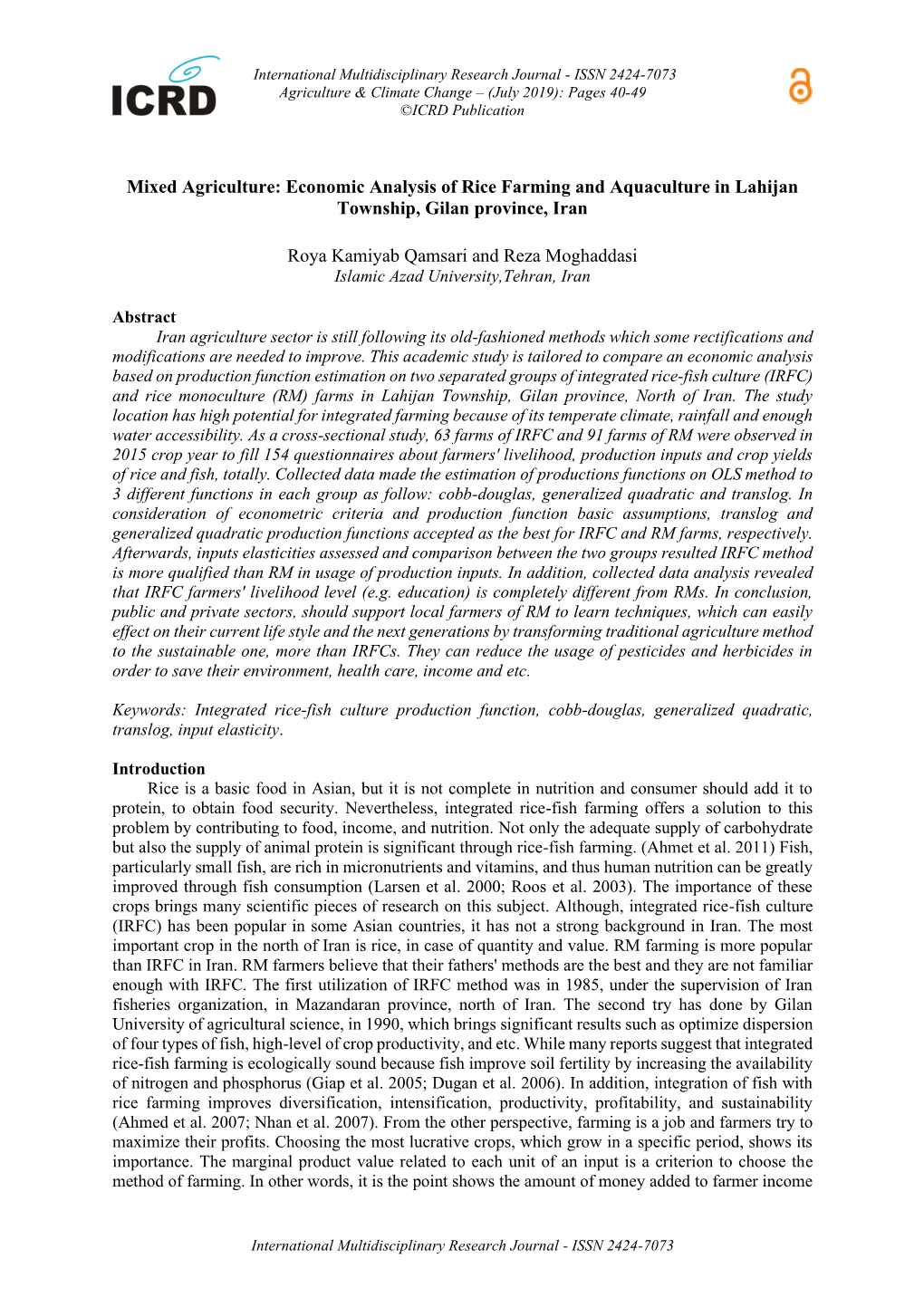 Mixed Agriculture: Economic Analysis of Rice Farming and Aquaculture in Lahijan Township, Gilan Province, Iran