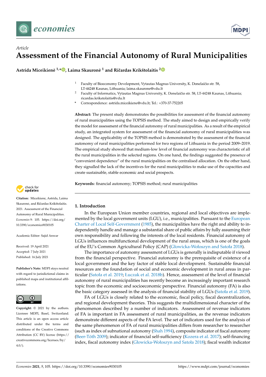 Assessment of the Financial Autonomy of Rural Municipalities