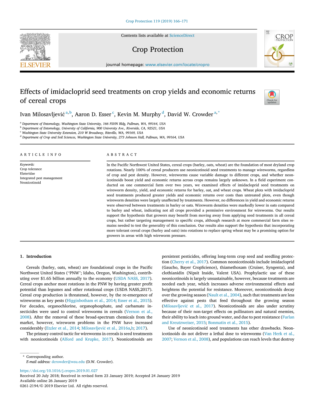 Effects of Imidacloprid Seed Treatments on Crop Yields and Economic Returns of Cereal Crops