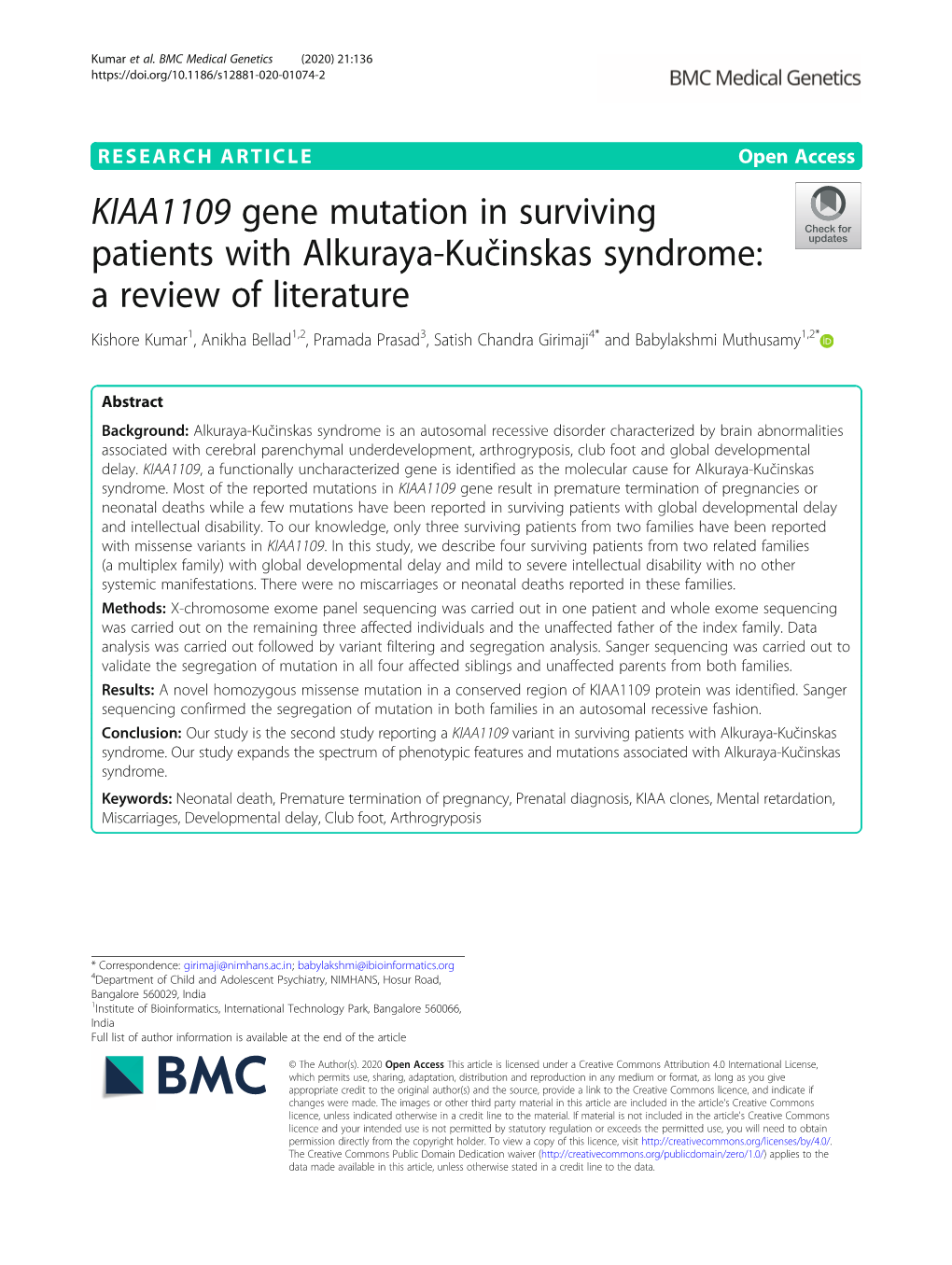 KIAA1109 Gene Mutation in Surviving Patients
