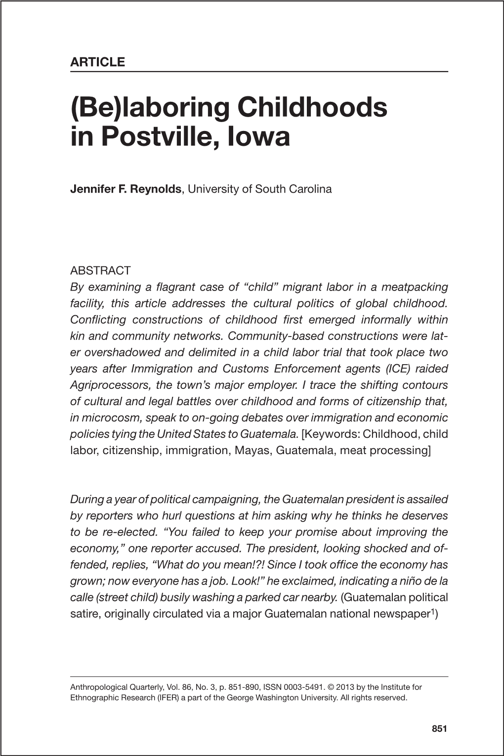 (Be)Laboring Childhoods in Postville, Iowa