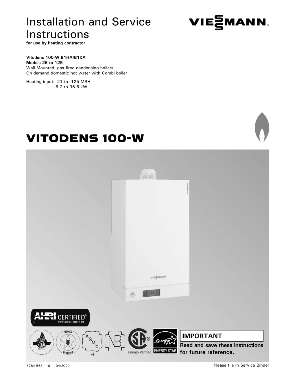 Installation and Service Instructions VITODENS 100-W