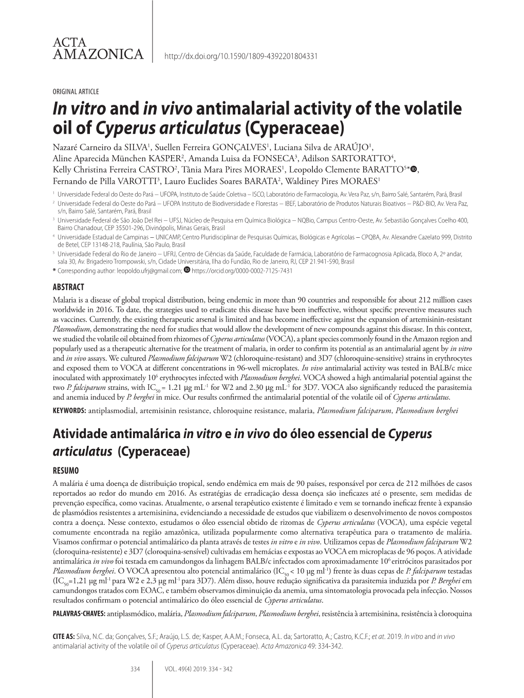 In Vitroand in Vivo Antimalarial Activity of the Volatile Oil of Cyperus