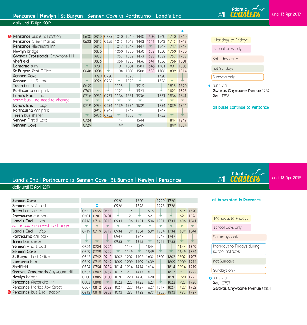 Penzance | Newlyn | St Buryan | Sennen Cove Or Porthcurno | Land’S End A1 Until 13 Apr 2019 Daily Until 13 April 2019