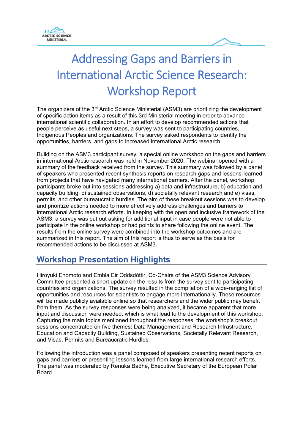 Addressing Gaps and Barriers in International Arctic Science Research: Workshop Report