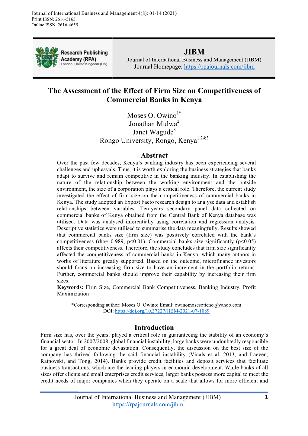 January 2021 the Assessment of the Effect of Firm Size On