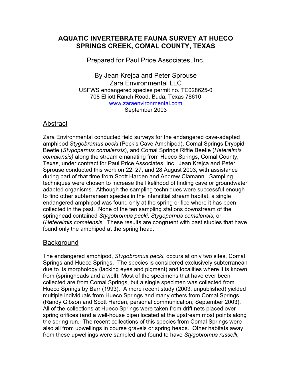 Aquatic Invertebrate Fauna Survey at Hueco Springs Creek, Comal County, Texas