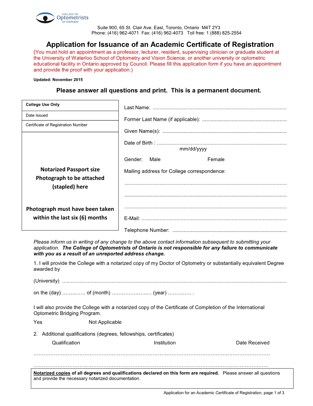 Application for Issuance of an Academic Certificate of Registration