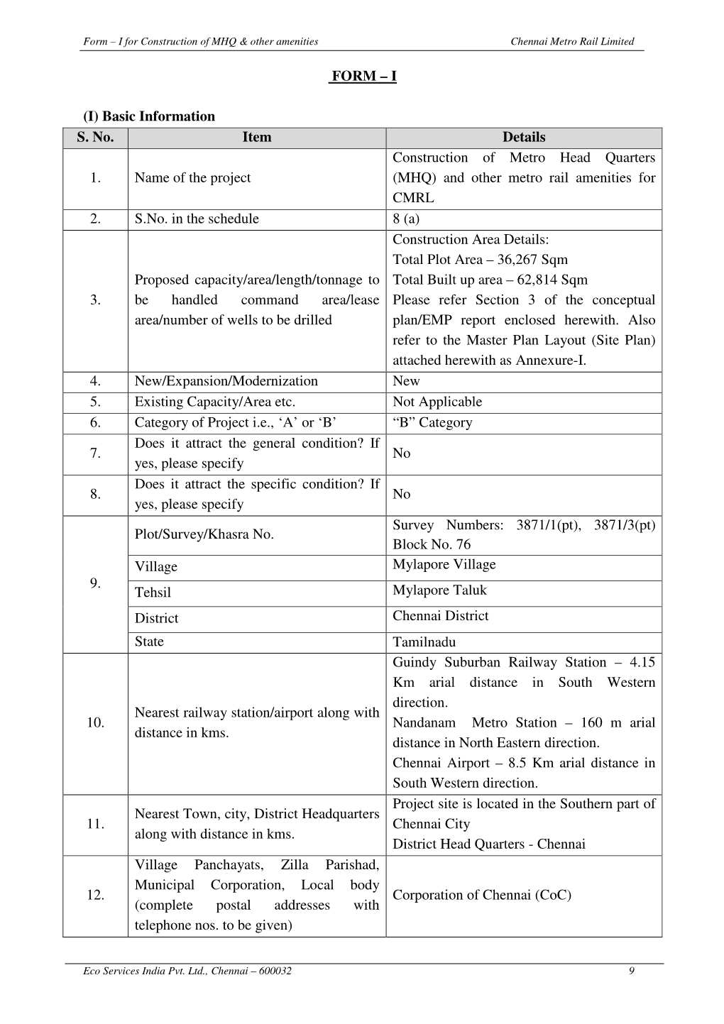 Form – I for Construction of MHQ & Other Amenities Chennai Metro Rail Limited