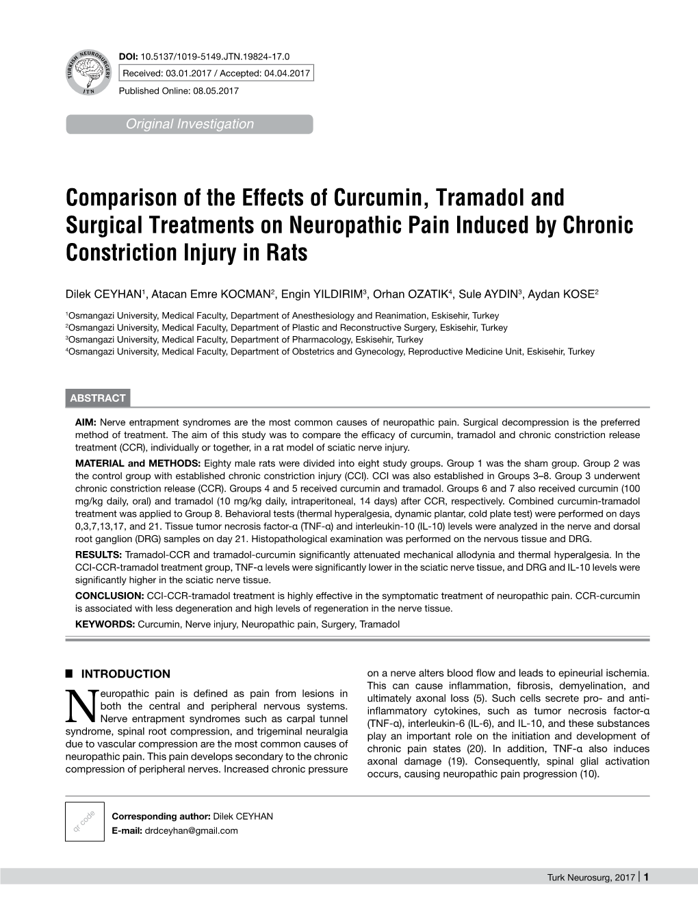 Comparison of the Effects of Curcumin, Tramadol and Surgical Treatments on Neuropathic Pain Induced by Chronic Constriction Injury in Rats