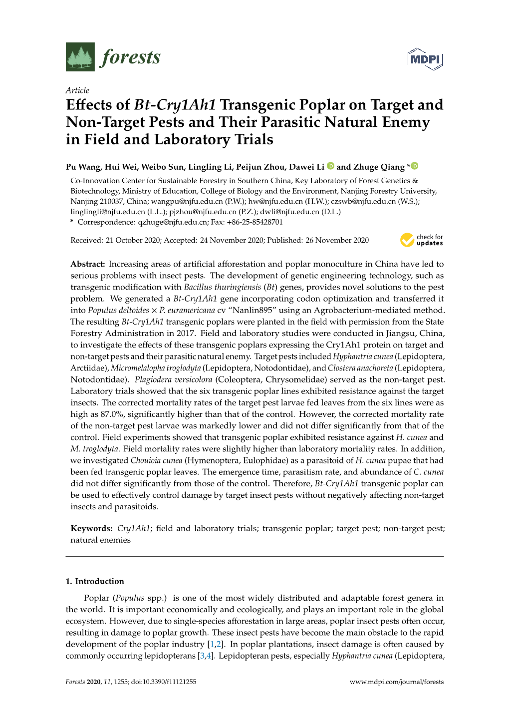 Effects of Bt-Cry1ah1 Transgenic Poplar on Target and Non-Target