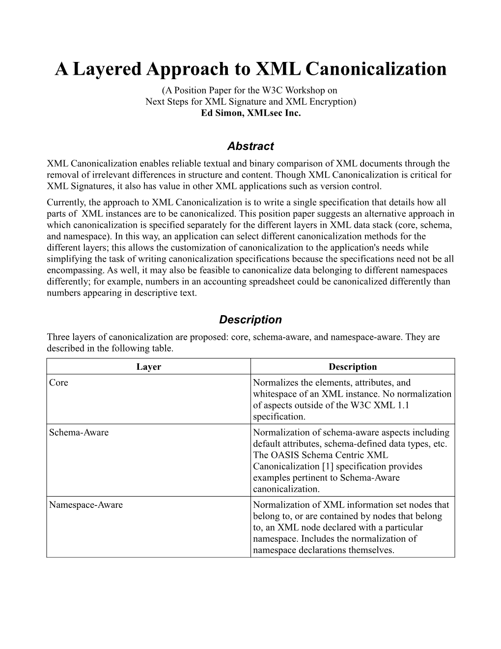 A Layered Approach to XML Canonicalization (A Position Paper for the W3C Workshop on Next Steps for XML Signature and XML Encryption) Ed Simon, Xmlsec Inc