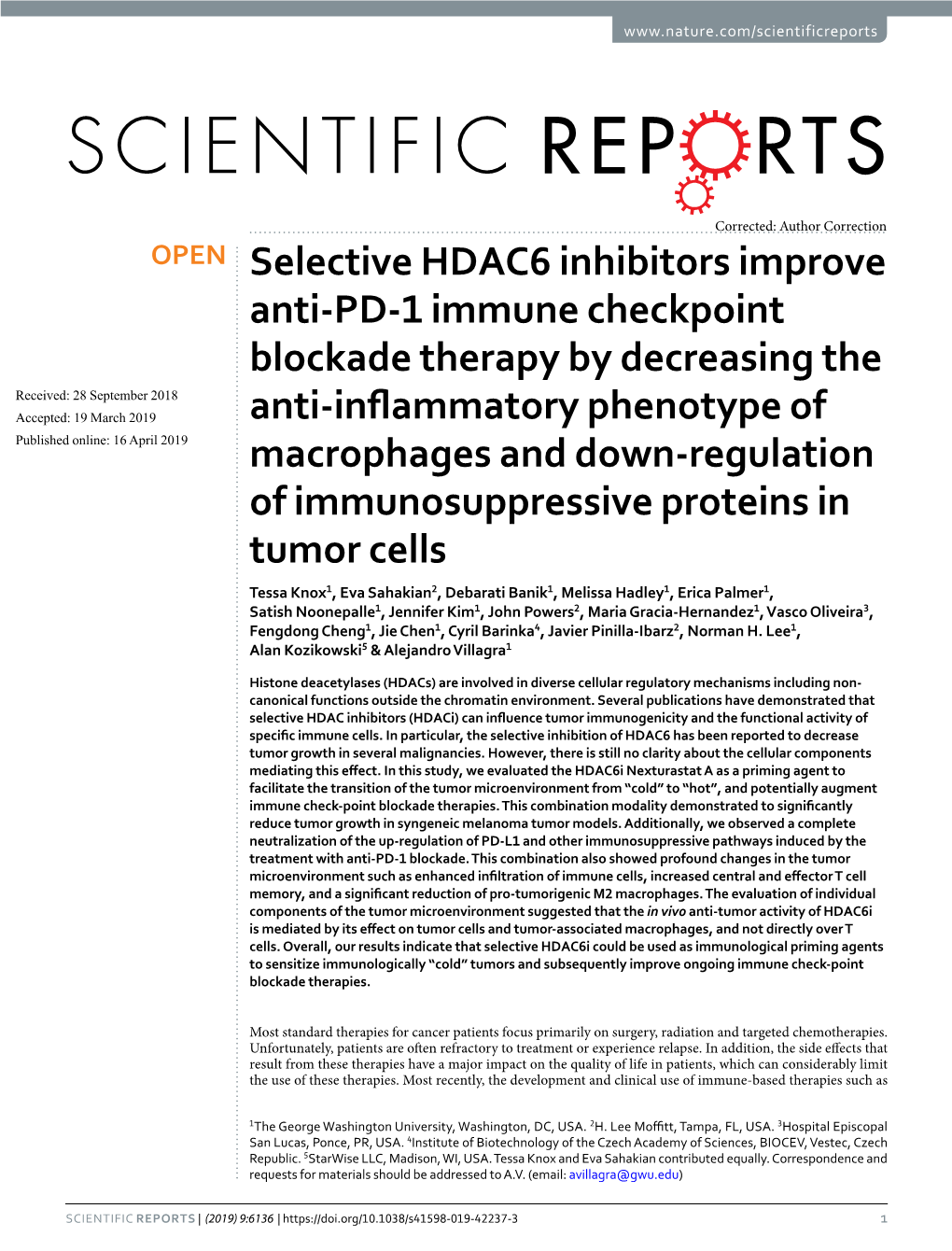 Selective HDAC6 Inhibitors Improve Anti-PD-1 Immune Checkpoint Blockade Therapy by Decreasing the Anti-Inflammatory Phenotype Of