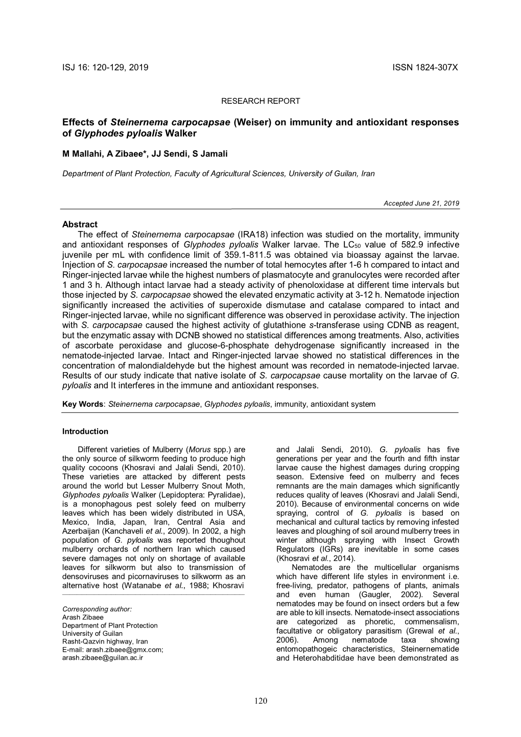 Effects of Steinernema Carpocapsae (Weiser) on Immunity and Antioxidant Responses of Glyphodes Pyloalis Walker