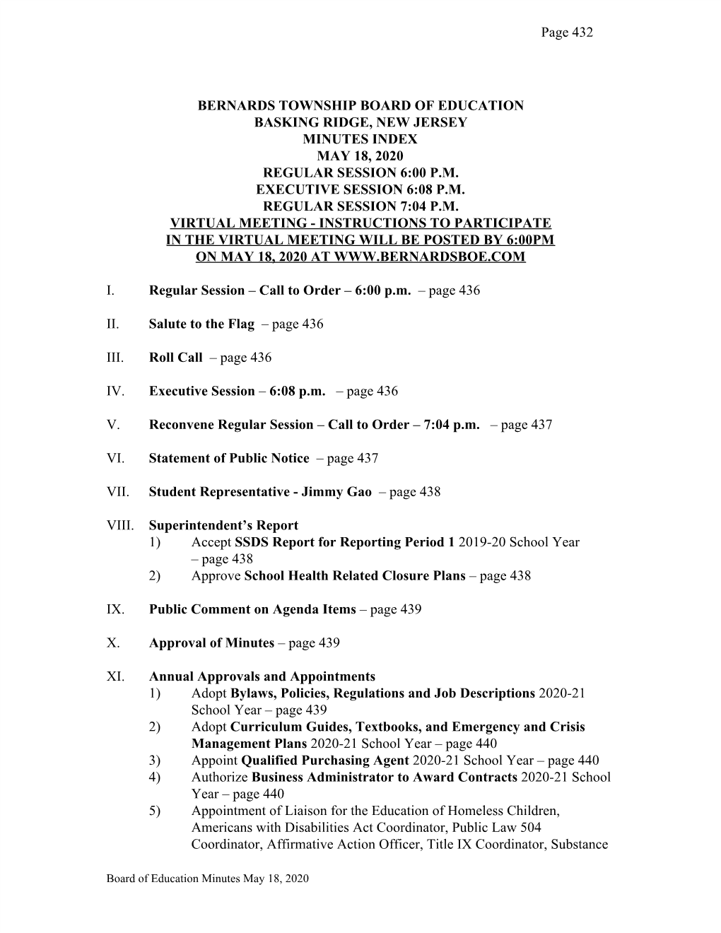 Bernards Township Board of Education Basking Ridge, New Jersey Minutes Index May 18, 2020 Regular Session 6:00 P.M