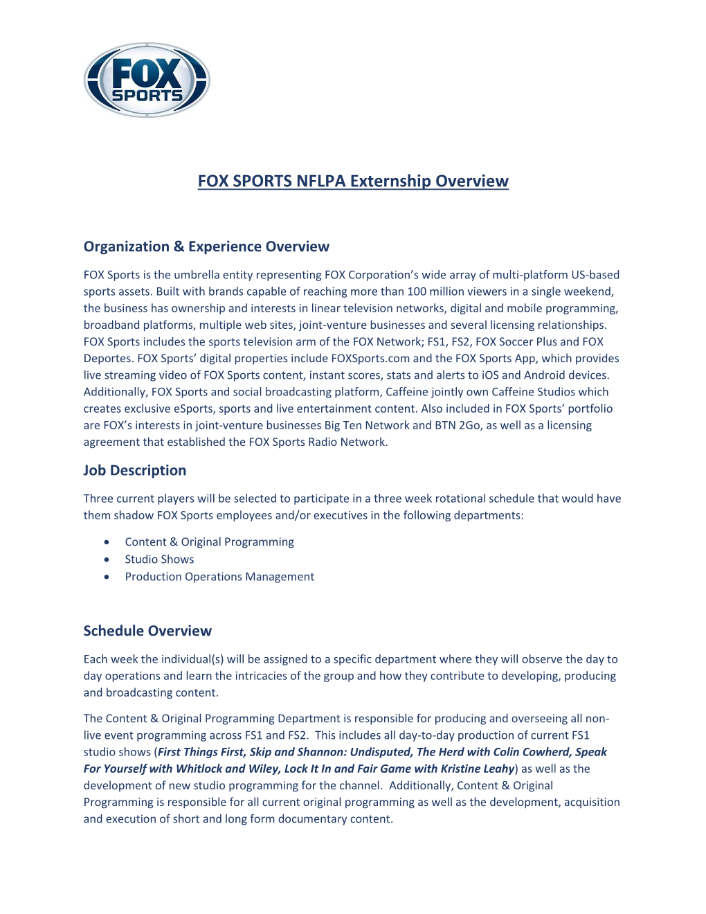 FOX SPORTS NFLPA Externship Overview