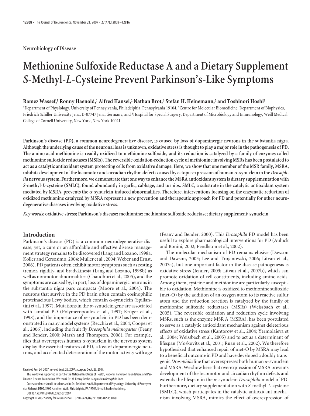 Methionine Sulfoxide Reductase a and a Dietary Supplement S-Methyl-L-Cysteine Prevent Parkinson’S-Like Symptoms