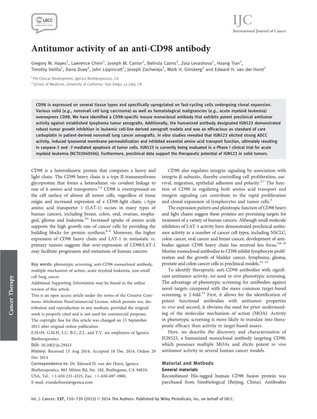 Antitumor Activity of an Anti-CD98 Antibody