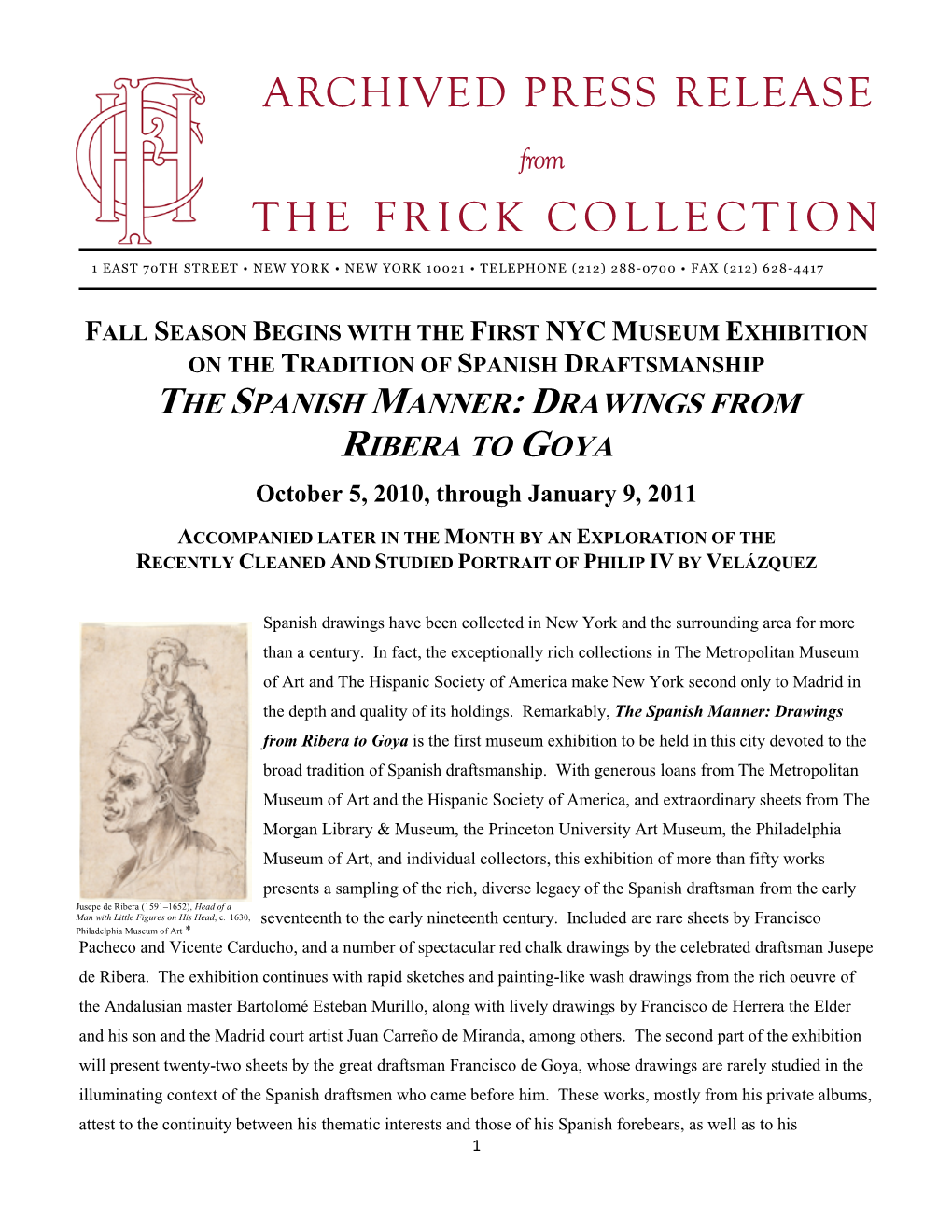 Archived Press Release the Frick Collection