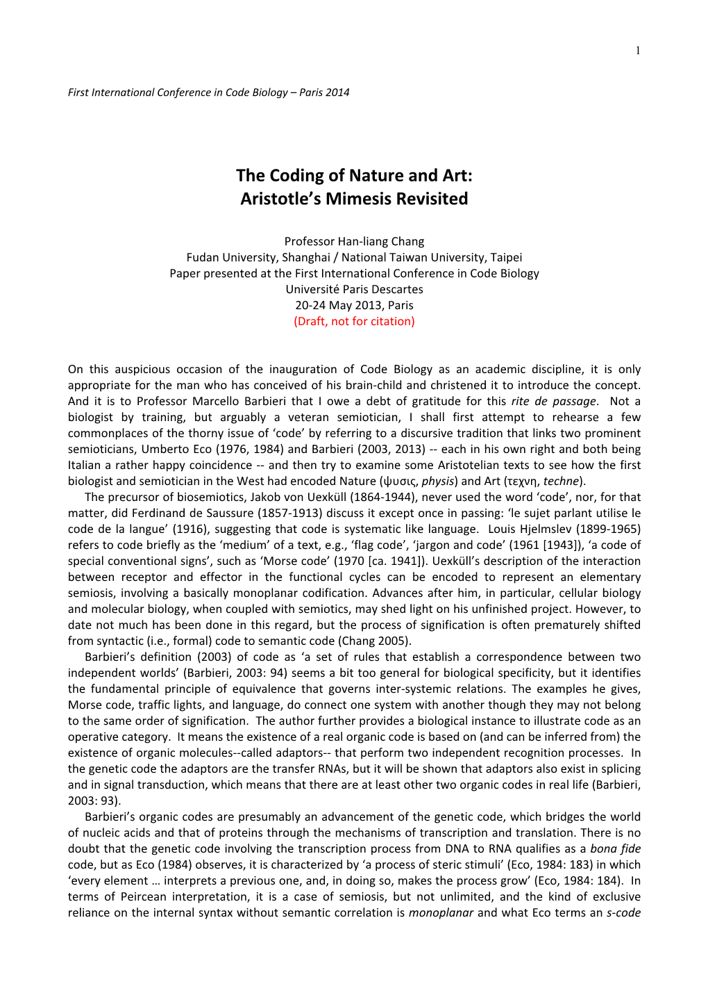 The Coding of Nature and Art: Aristotle's Mimesis Revisited