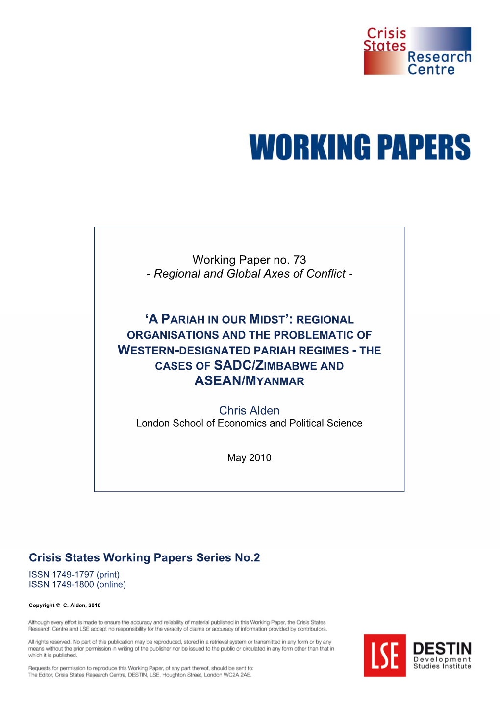 A Pariah in Our Midst’: Regional Organisations and the Problematic of Western-Designated Pariah Regimes - the Cases of Sadc/Zimbabwe and Asean/Myanmar