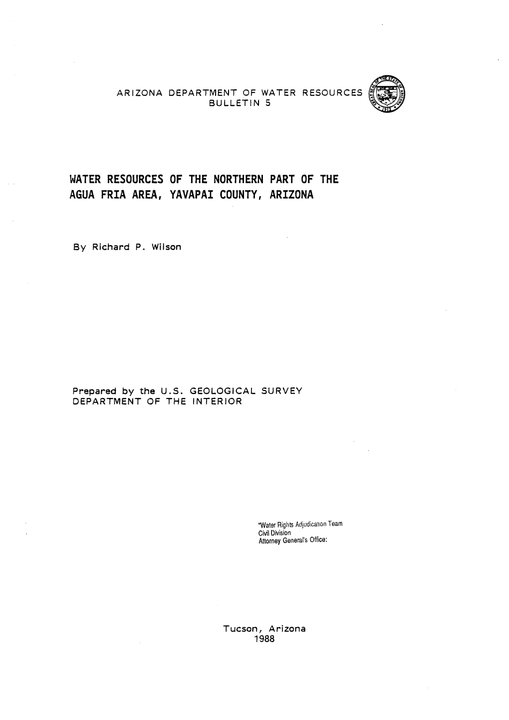 Water Resources of the Northern Part of the Agua Fria Area, Yavapai County, Arizona