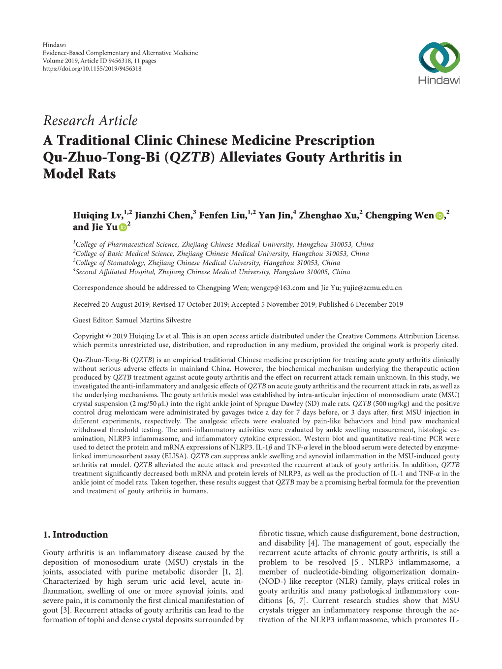 (QZTB) Alleviates Gouty Arthritis in Model Rats