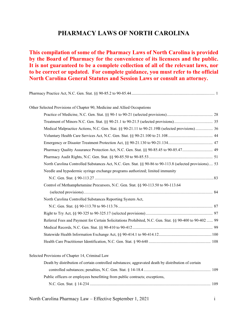 Pharmacy Laws of North Carolina