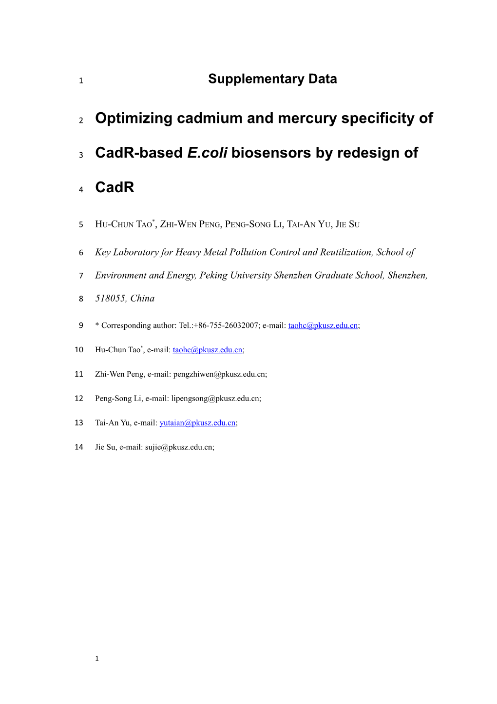 Optimizing Cadmium and Mercury Specificity of Cadr-Based E.Coli Biosensors by Redesign of Cadr