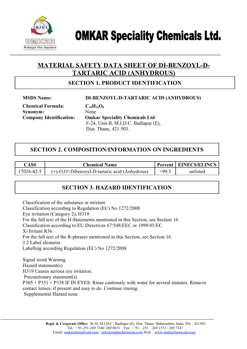 Material Safety Data Sheet of Di-Benzoyl-D-Tartaric Acid (Anhydrous)