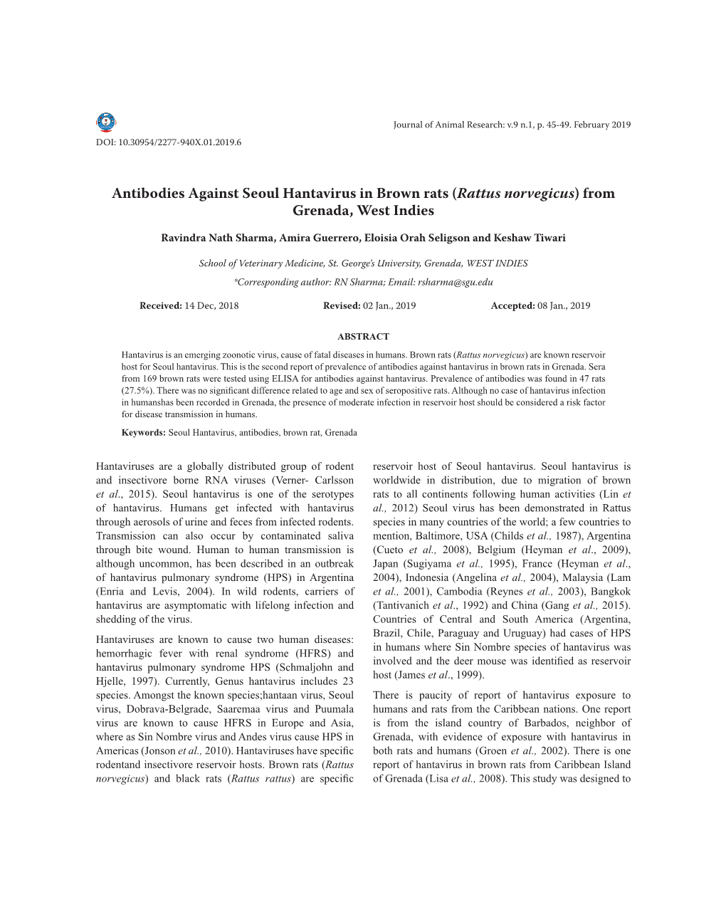 Antibodies Against Seoul Hantavirus in Brown Rats (Rattus Norvegicus) from Grenada, West Indies