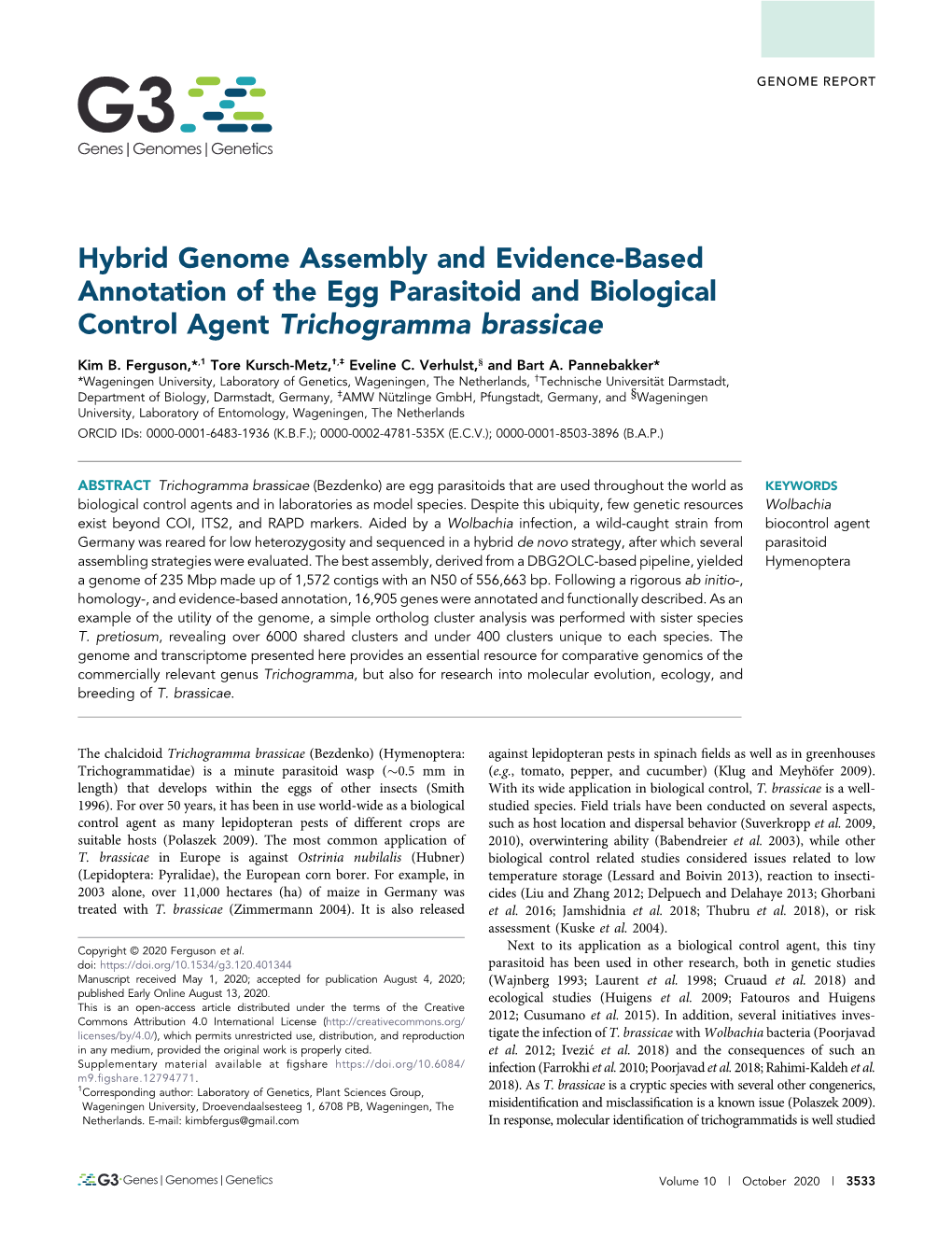 Hybrid Genome Assembly and Evidence-Based Annotation of the Egg Parasitoid and Biological Control Agent Trichogramma Brassicae