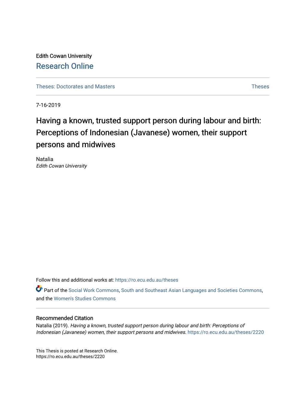 Having a Known, Trusted Support Person During Labour and Birth: Perceptions of Indonesian (Javanese) Women, Their Support Persons and Midwives