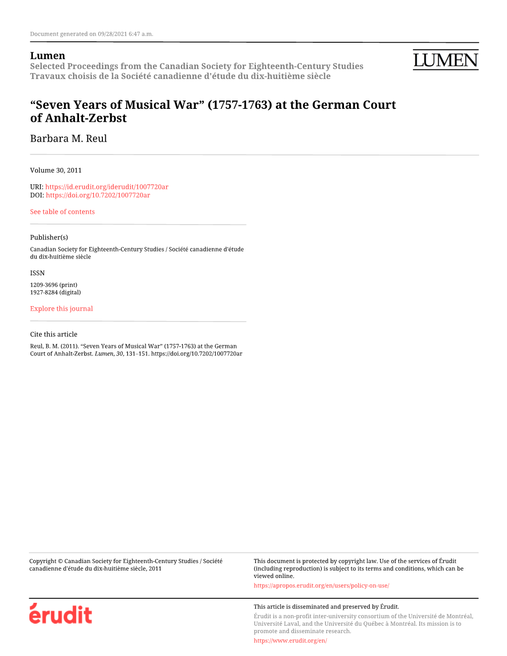 “Seven Years of Musical War” (1757-1763) at the German Court of Anhalt-Zerbst Barbara M