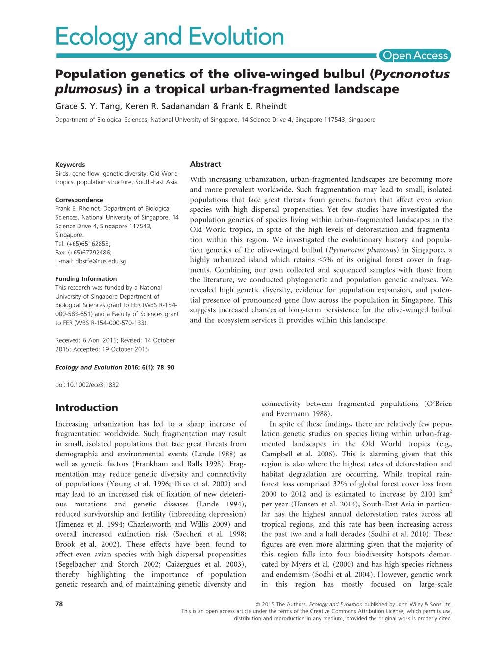 Population Genetics of the Olive-Winged Bulbul (Pycnonotus Plumosus) in a Tropical Urban-Fragmented Landscape Grace S