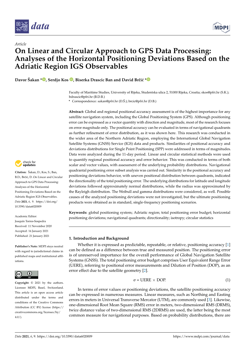 On Linear and Circular Approach to GPS Data Processing: Analyses of the Horizontal Positioning Deviations Based on the Adriatic Region IGS Observables