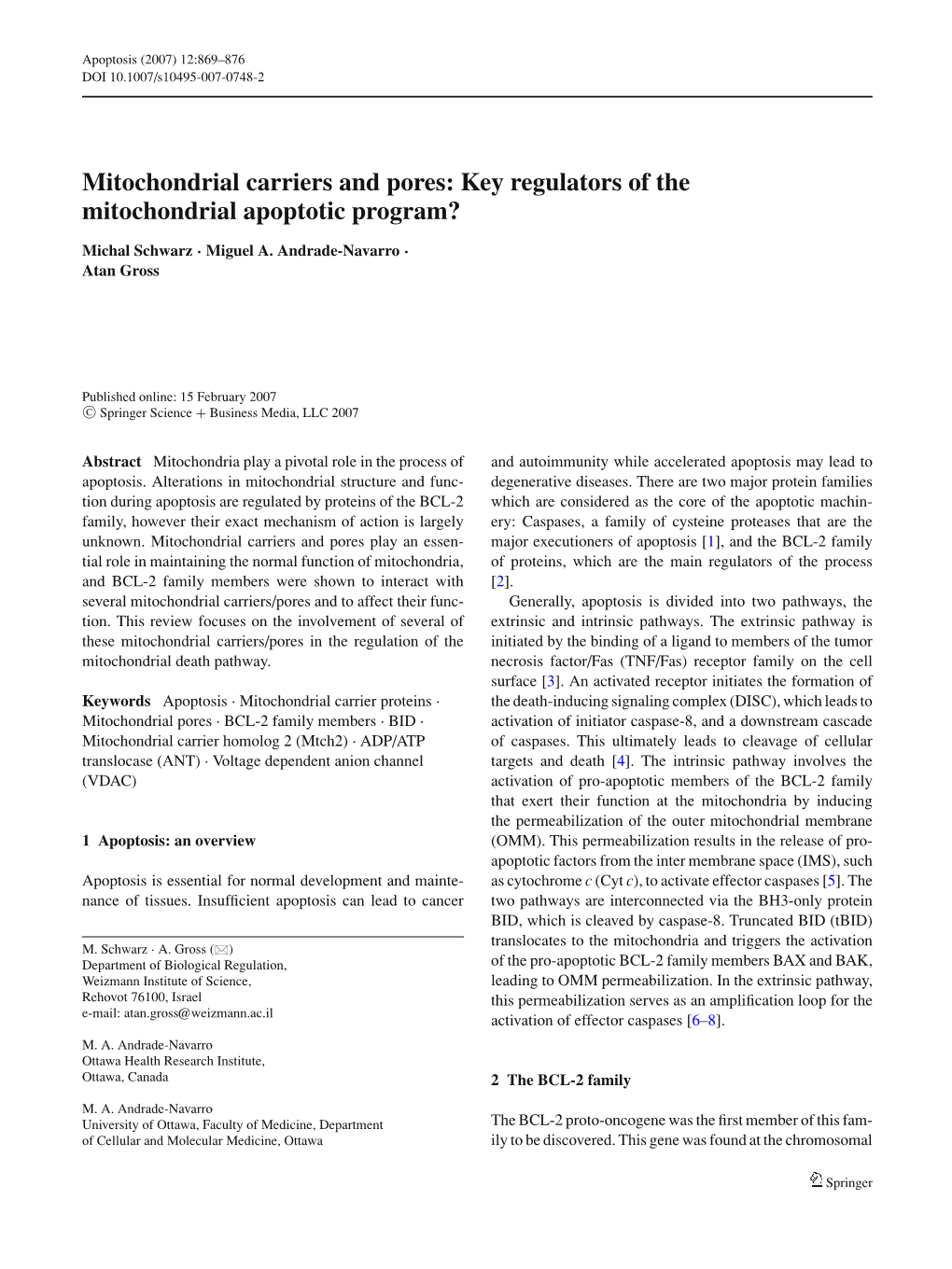 Mitochondrial Carriers and Pores: Key Regulators of the Mitochondrial Apoptotic Program?