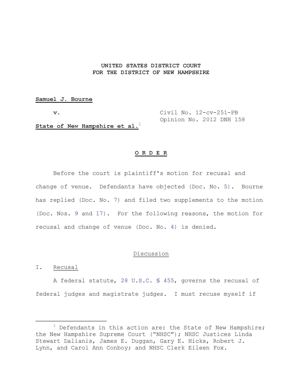 Bourne V. State of NH 12-CV-251-PB 9/11/12